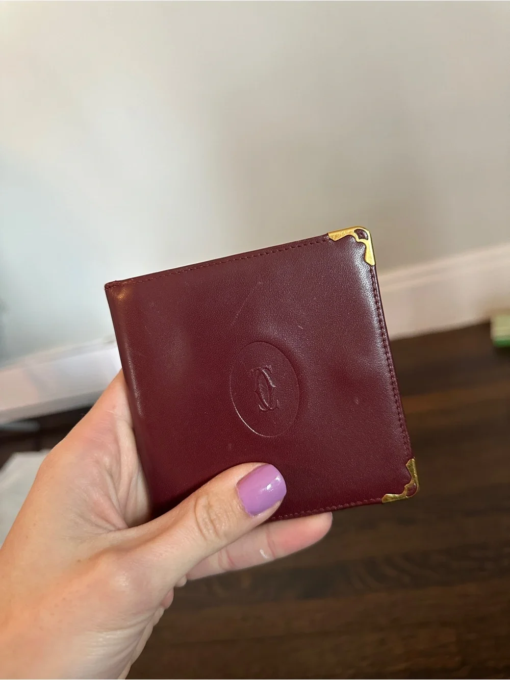 Cartier Burgundy Leather Billfold with Gold Corner Details